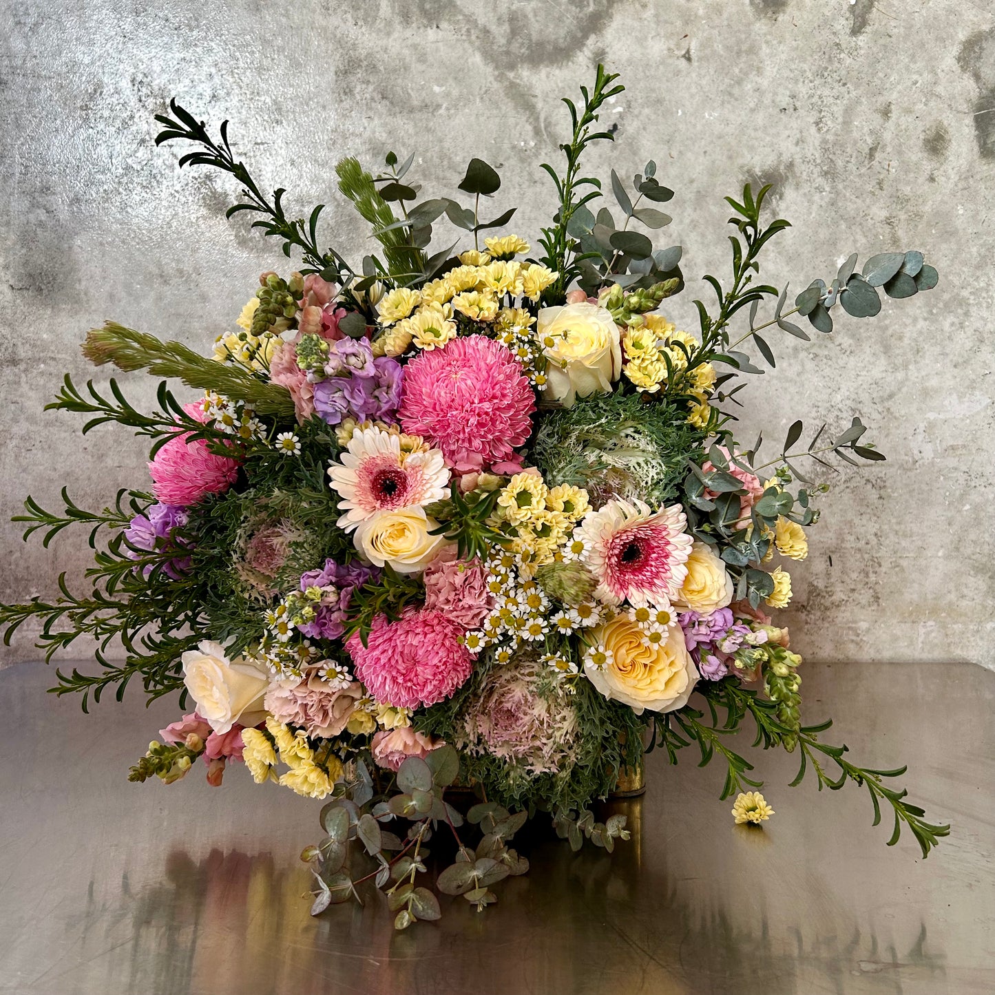 Chelsea refined romantic arrangement in blush, buttercream and lilac with chrysanthemums, garden roses, gerberas, chamomile and lush foliage