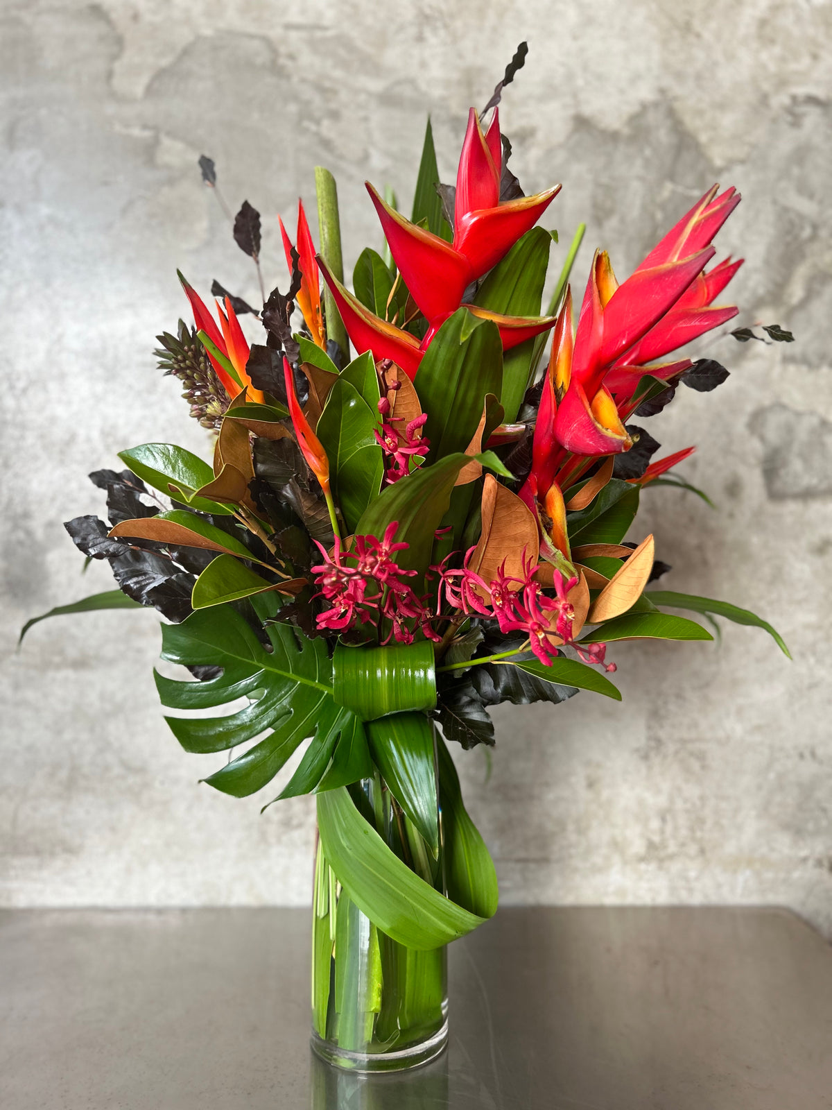 Miami tropical flower arrangement with heliconia and birds of paradise by James St Florist Brisbane