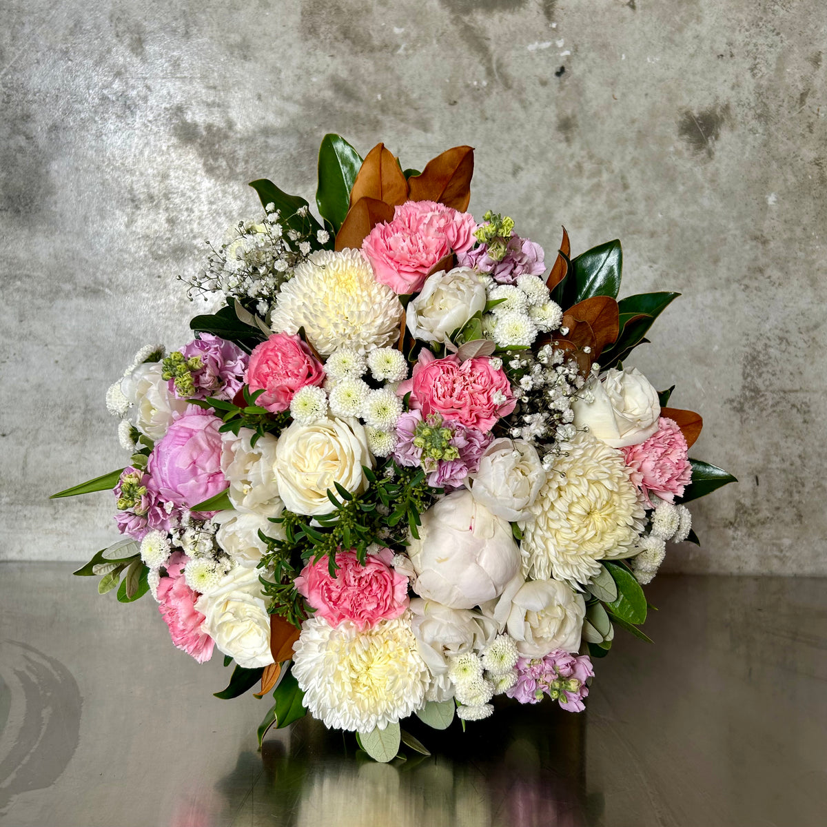 Oslo soft white cream and lavender bouquet arrangement by James St Florist Brisbane